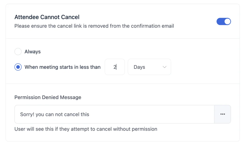 FluentBooking advanced settings showing a cancellation cutoff set in days with the new Days unit