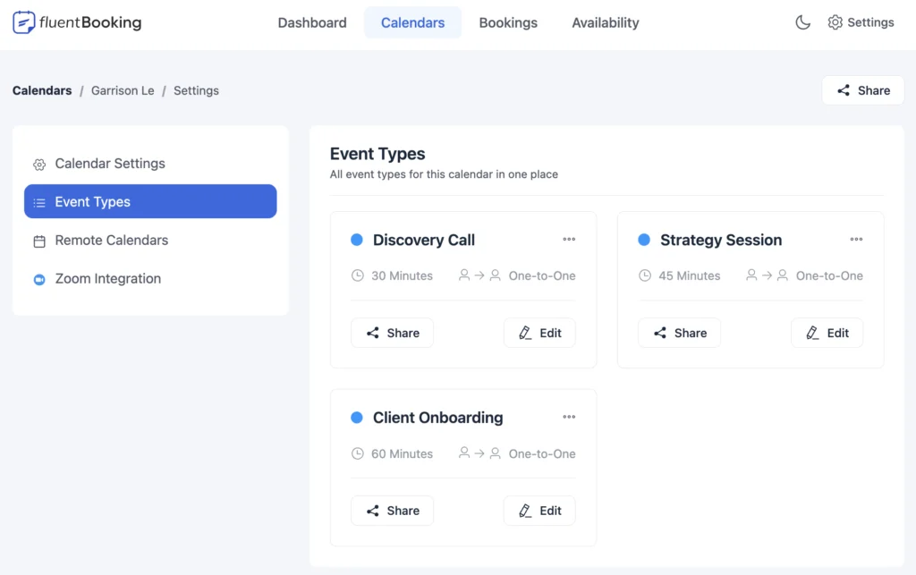 New Event Types tab in FluentBooking host settings, listing all of a calendar's events as cards