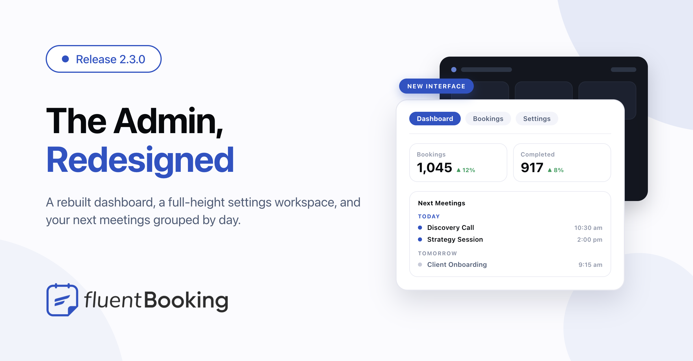 FluentBooking 2.3.0 release banner announcing the fully redesigned admin interface