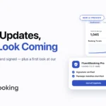 FluentBooking 2.2.5 release banner announcing signed Pro updates, a security review, and a redesigned interface