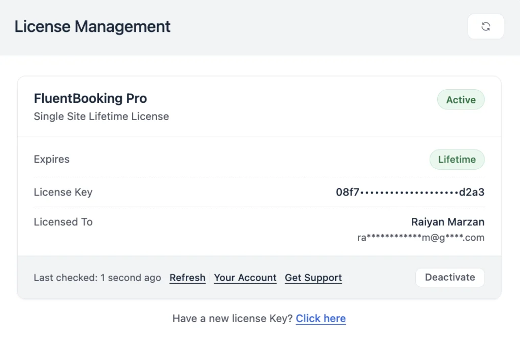 Rebuilt FluentBooking license screen showing status, expiry date, days remaining, and account links