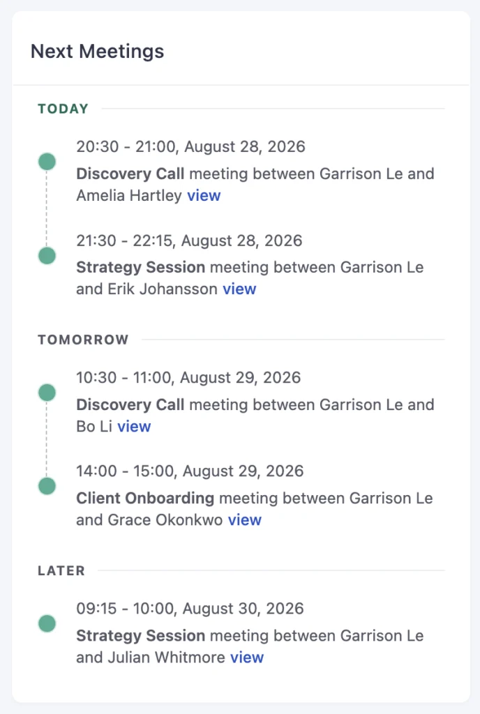 The Next Meetings list on the FluentBooking dashboard, grouped under Today, Tomorrow, and Later day headers