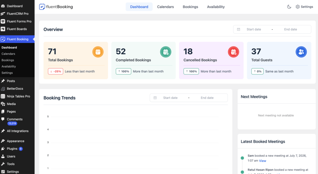 fluentbooking dashboard