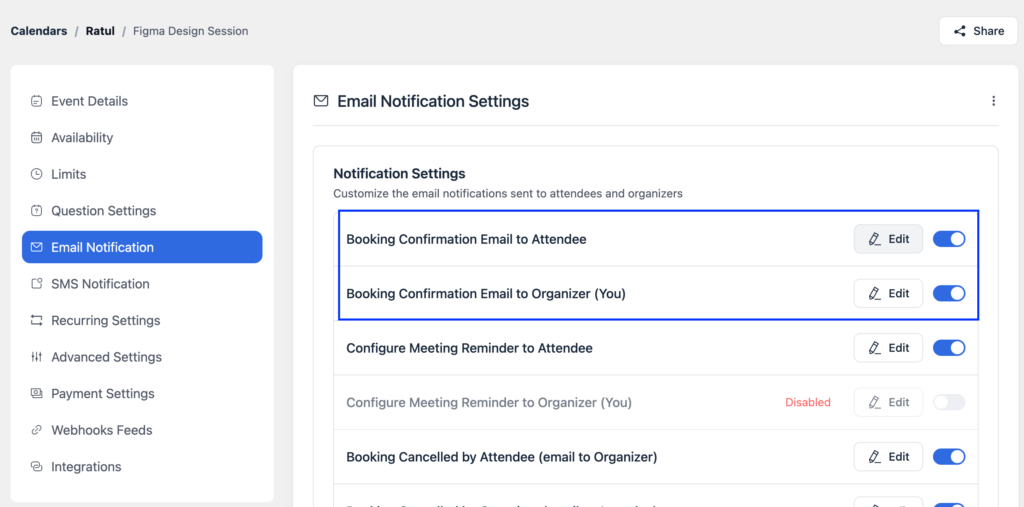 configure booking confirmation email