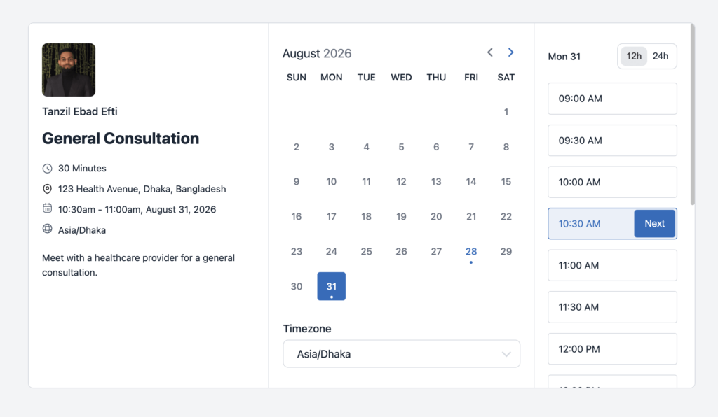 test booking page