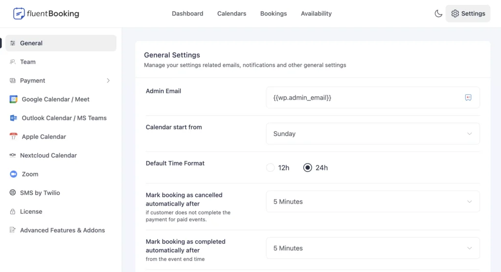 The redesigned FluentBooking settings screen as a full-height workspace, with the section rail on the left and the panel filling the page