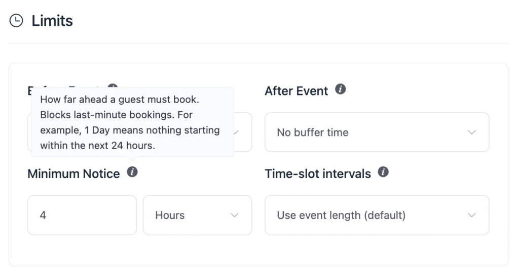 Help tooltips beside the Before Event, After Event, Minimum Notice, and Time-slot interval fields in FluentBooking limit settings