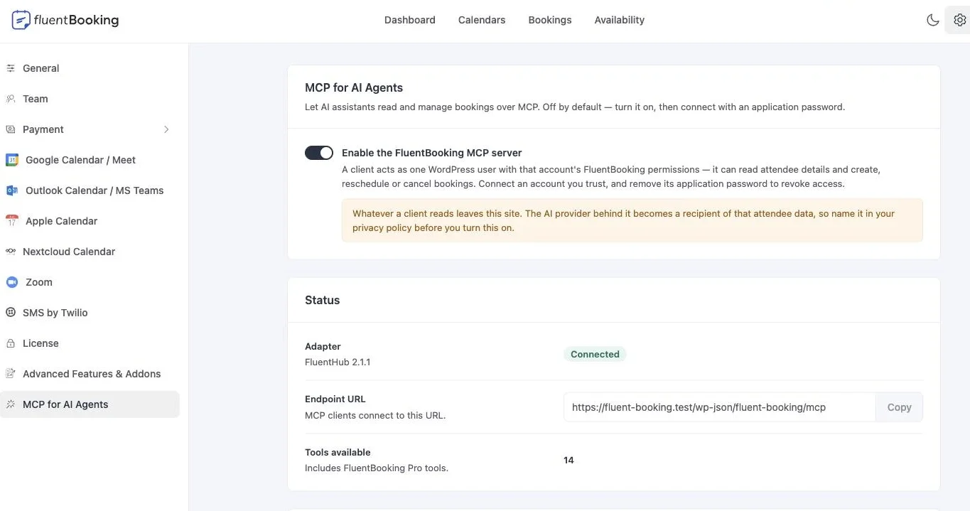 The FluentBooking MCP settings screen, showing the enable switch, the endpoint URL, and the list of tools an assistant can use