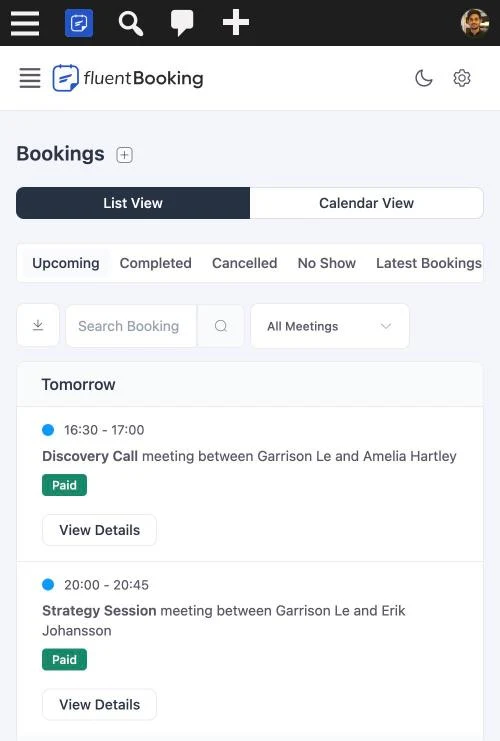 The FluentBooking admin on a phone screen, showing the bookings list and settings fitting the narrow viewport without clipping