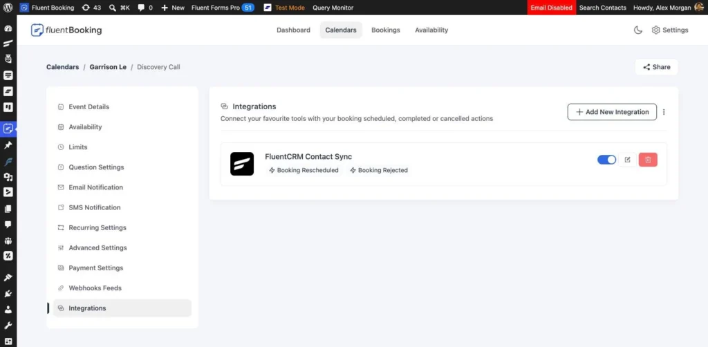 FluentBooking event settings tabs showing the shared section header with its icon and action button across Integrations, Payments, and Webhooks