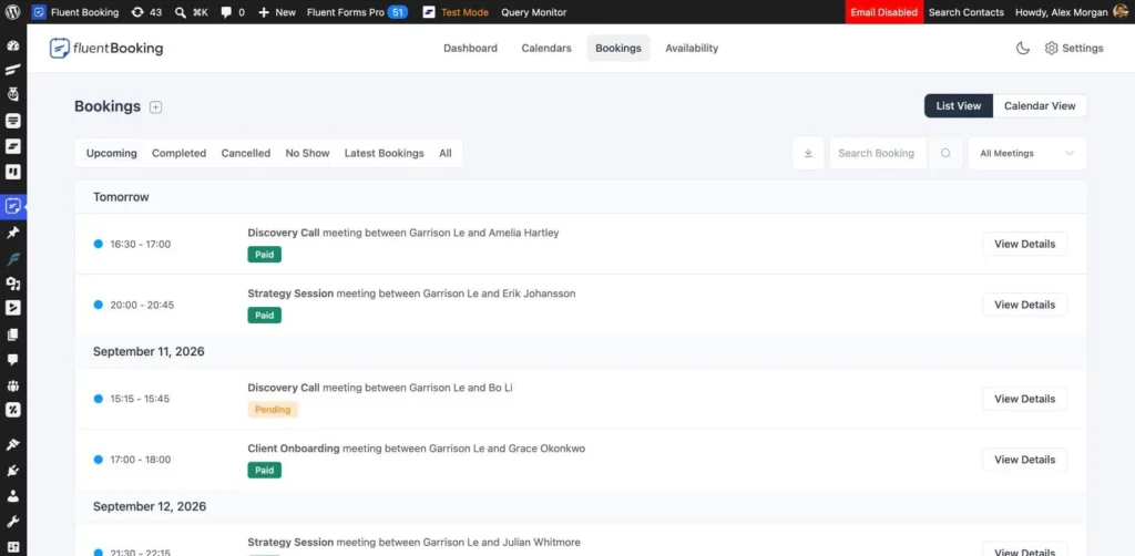 The FluentBooking bookings list showing confirmed bookings with their payment status after the payment handling fixes