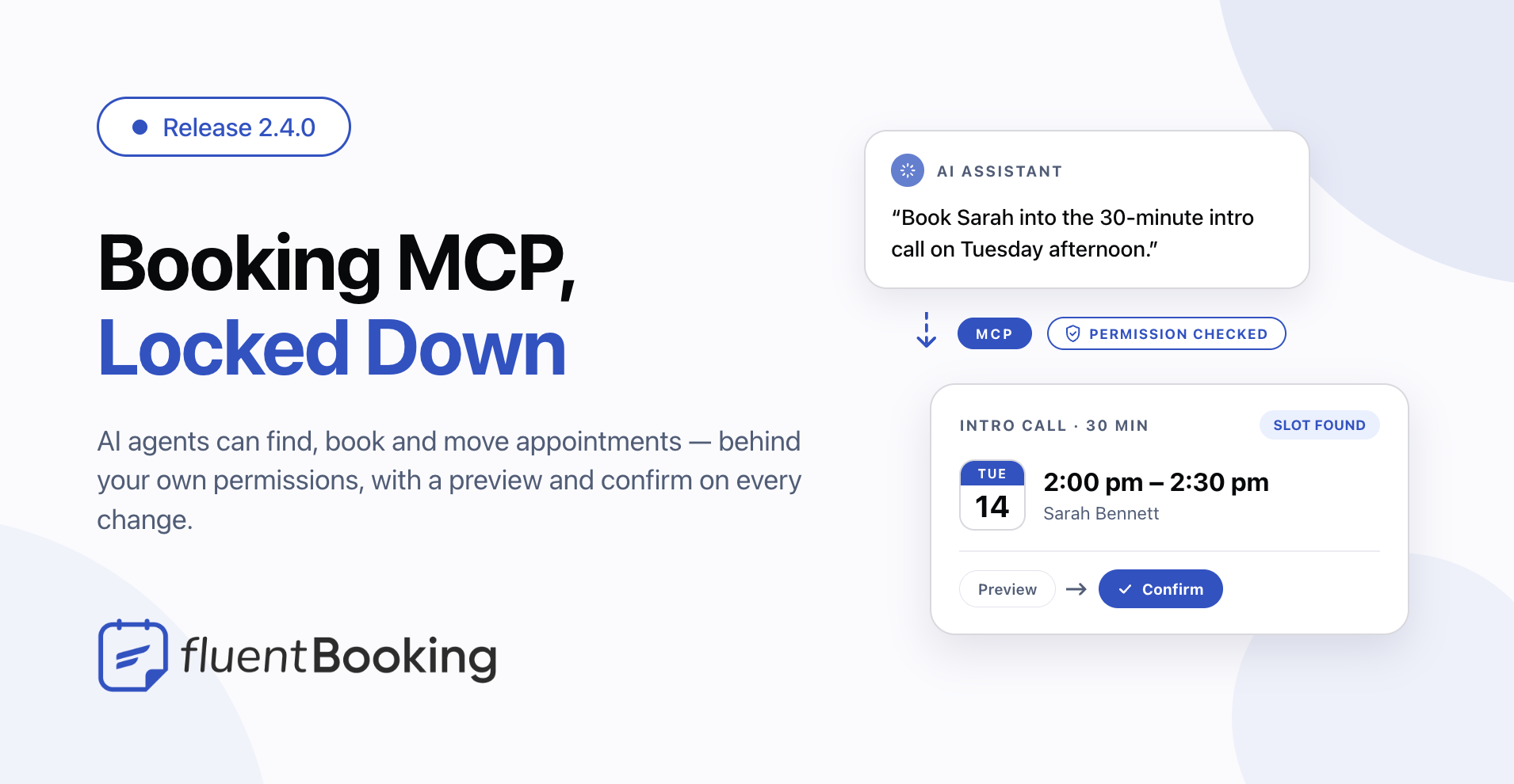 FluentBooking 2.4.0 release banner announcing the booking MCP server for AI agents and the release's security hardening