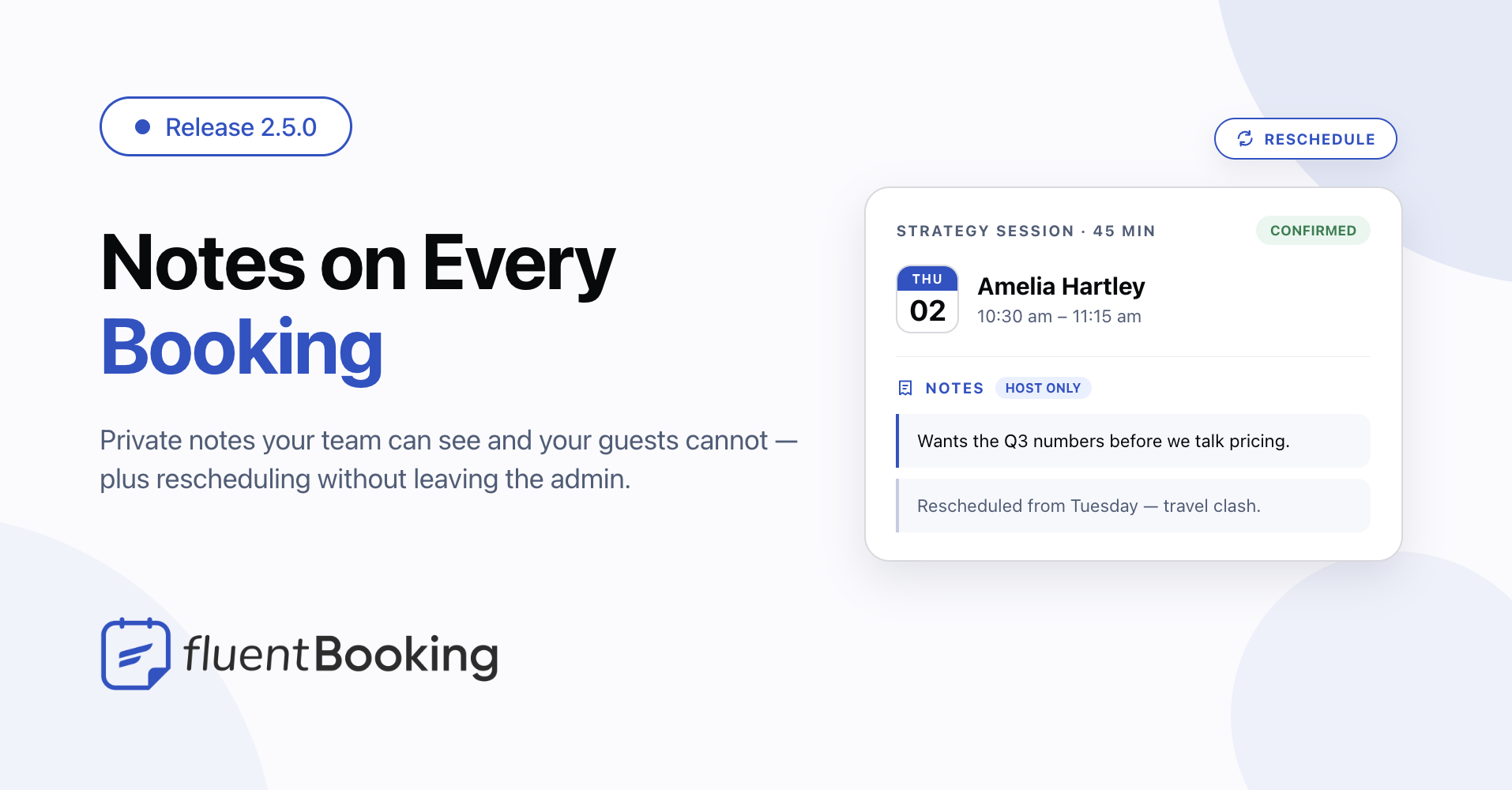 FluentBooking 2.5.0 release banner announcing private booking notes and in-admin rescheduling