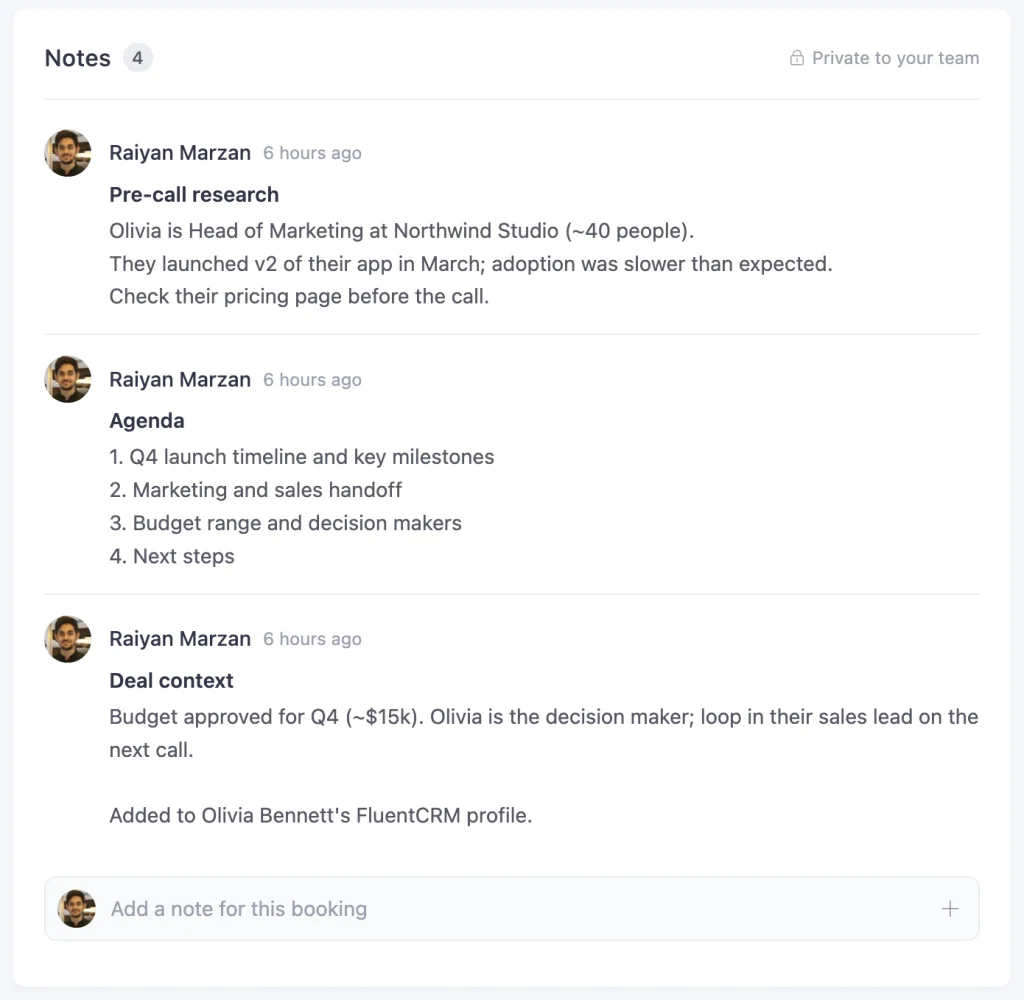 The booking details panel in FluentBooking showing the notes section with several private notes added by the host