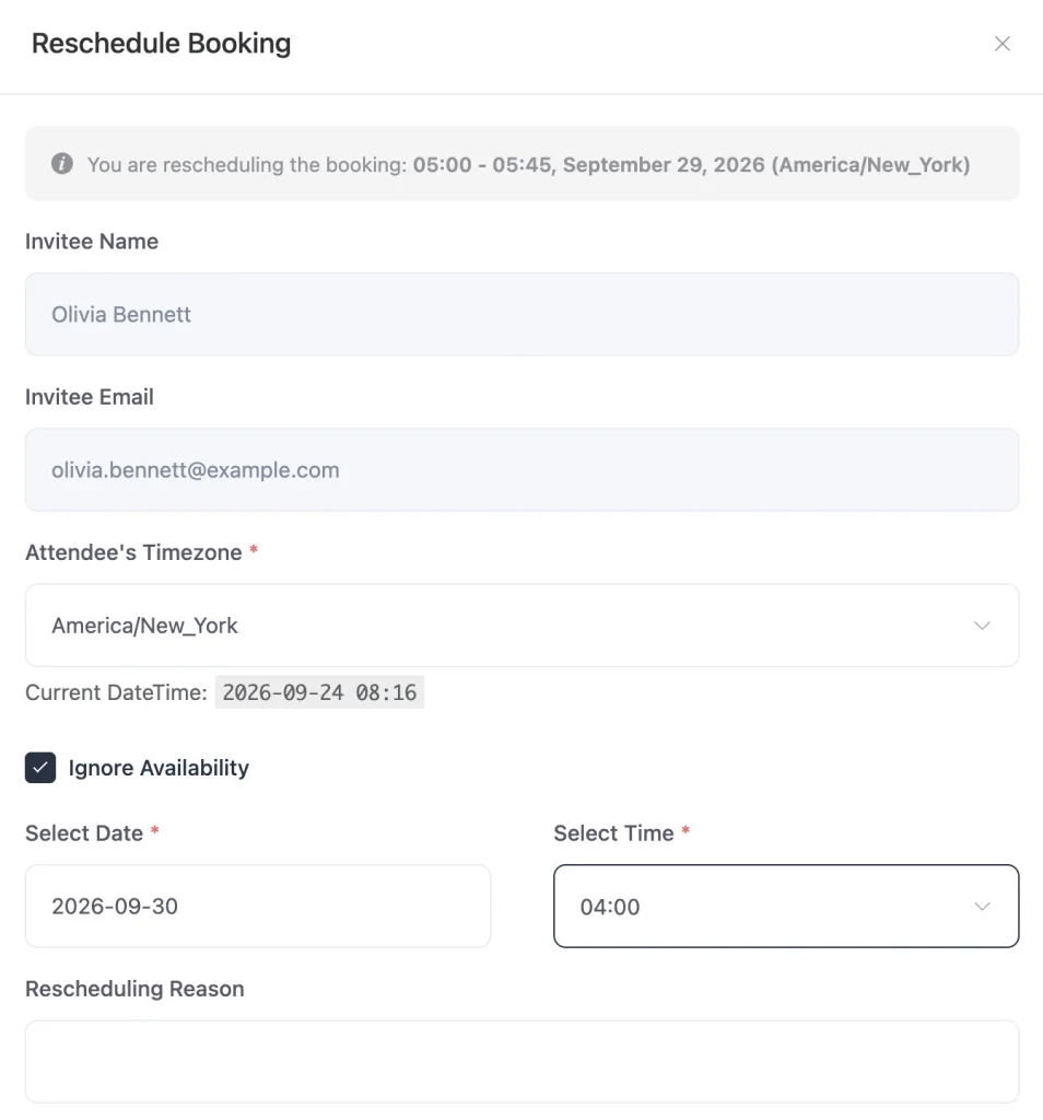 The FluentBooking reschedule modal open over the booking details, showing the timezone selector, date picker and available time slots