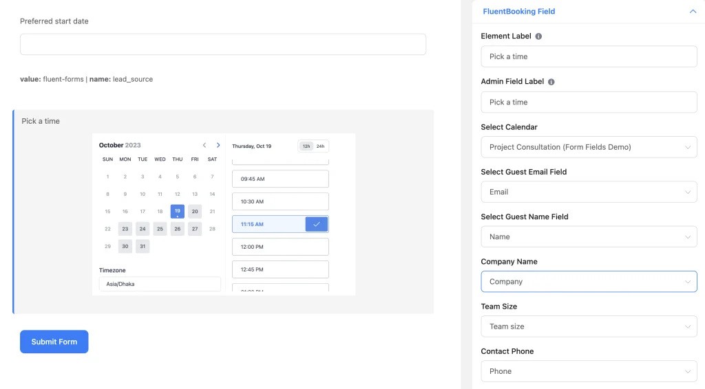The FluentBooking element inside the Fluent Forms editor, showing form fields mapped to the event's custom booking questions