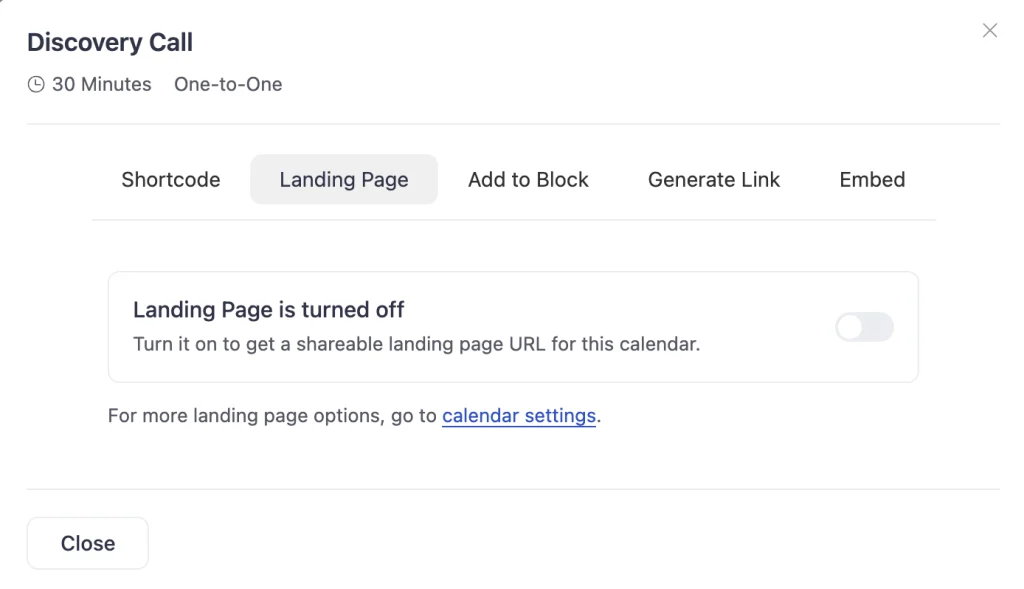 The FluentBooking share modal with the Landing Page tab open, showing the toggle that turns the page on and reveals its URL