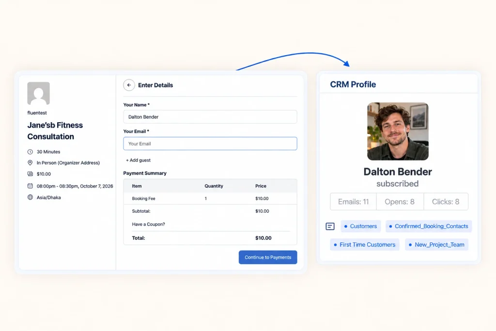 A FluentCRM contact profile with tags added automatically from FluentBooking bookings