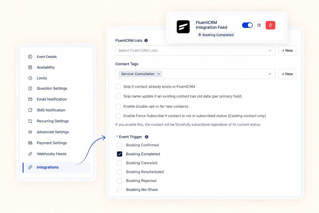 FluentCRM integration settings on a FluentBooking event type, adding new clients to a list with a service tag